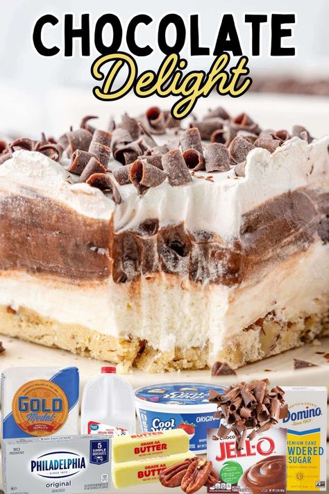 This easy, no-bake Chocolate Delight has layers of creamy chocolate pudding, sweetened cream cheese, and a crunchy pecan crust make it a potluck favorite. Perfect for any gathering! #ChocolateDelight #LayeredDessert #NoBake #EasyRecipe #PotluckFavorite Chocolate And Cream Cheese Desserts, Chocolate Cake Pudding Recipe, Chocolate Delight Recipe Pecan Crust, Chocolate Lush Dessert Recipe, Chocolate Delight Dessert, Chocolate Delight Recipe, Princess Recipes, Pudding And Cool Whip, Pudding Desserts Layered