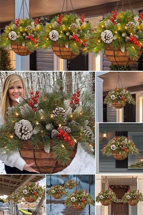 Christmas Planters Diy, Crismas Tree, Christmas Hanging Baskets, Christmas Urns, Christmas Flower Arrangements, Christmas Planters, Christmas Plants, Country Christmas Decorations, Christmas Decorations Diy Outdoor