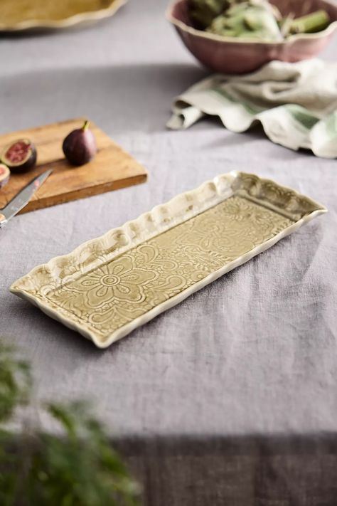 Sand Floral Stoneware Serving Platter | AnthroLiving Lantern Stand, Ceramic Platters, Citronella Candles, Ceramic Tray, Ceramics Ideas, Glaze Ceramics, Ceramics Projects, Tin Candles, Serving Trays