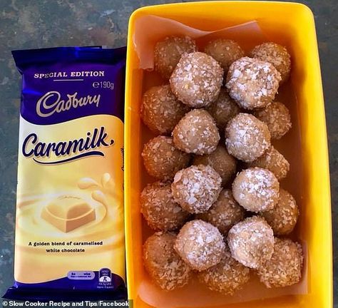 Home cook shares recipe for Caramilk chocolate bliss balls made in slow cooker internet going crazy Chocolate Crackles, Three Ingredient Recipes, Homemade Sweets, Bliss Balls, Slices Recipes, Xmas Food, Balls Recipe, Christmas Cooking, Milk Recipes