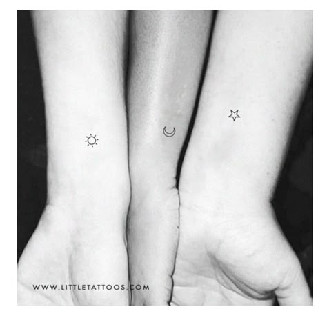 Best Cousin Tattoos, Tiny Trio Tattoos, Four Person Tattoo, Three Person Tattoo Ideas, Mini Best Friend Tattoos Simple, Matching Tattoos For Three People, 3 Friends Tattoo Friendship, Small Tattoos Sisters, Sun Star Moon Tattoo