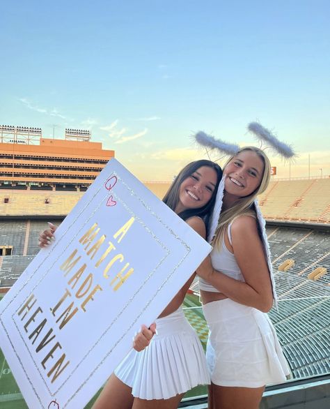 Big Lil Sis Reveal Ideas, A Match Made In Heaven Bid Day, Match Made In Heaven Theme, Match Made In Heaven Bid Day, Fun Big Little Reveal Themes, Perfect Match Big Little Reveal, Big Little Costume Ideas, Bigs And Little Reveal, Match Made In Heaven Big Little