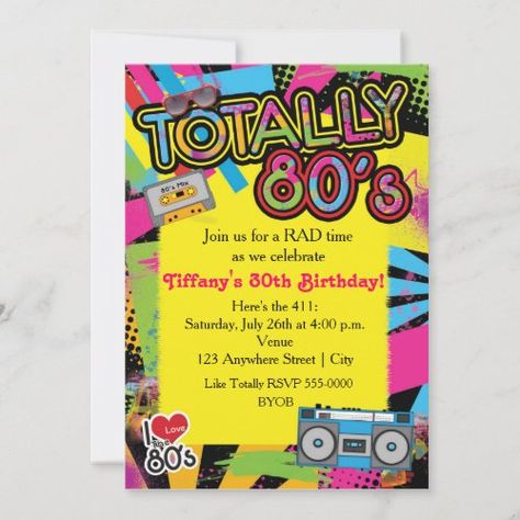 $3.44 | 80's Eighties Birthday Party Retro Invitation #80's, eighties, birthday, invitation, radio, cassette, tape, paint, colorful, fun 40th Birthday Dinner Party, 40th Birthday Dinner, Eighties Party, 80s Birthday Party, Retro Invitation, 80s Birthday Parties, 80s Birthday, 80s Theme Party, 80's Party