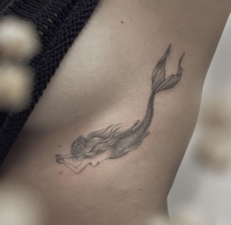 Small Mermaid Tattoo, Siren Tattoo, Mermaid Tattoo Designs, Bookish Tattoos, Petite Tattoos, Spine Tattoos For Women, Mermaid Tattoo, Mermaid Tattoos, Subtle Tattoos