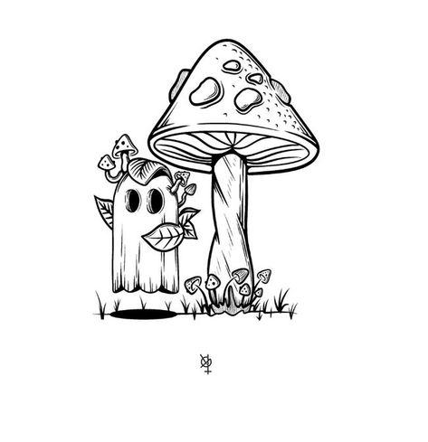 Autumn Doodle Art, Ghost Mushroom Drawing, Spooky Mushroom Drawing, Ghost Mushroom Tattoo, Doodle Art Mushroom, Halloween Mushrooms, Mushroom Tattoo, Mushroom Tattoos, Mushroom Drawing