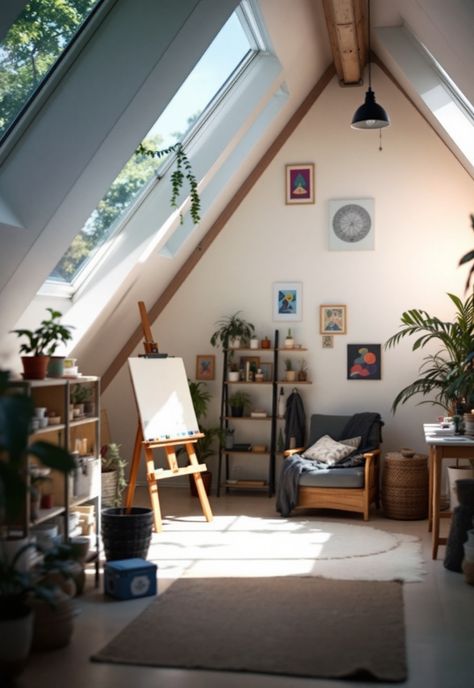 Small attic room ideas Tiny Attic Office, Attic Art Studio, Small Attic Ideas Low Ceilings, Small Attic Ideas, Small Attic Room Ideas, Art Studio Ideas, Attic Inspiration, Small Attic Room, Attic Room Ideas