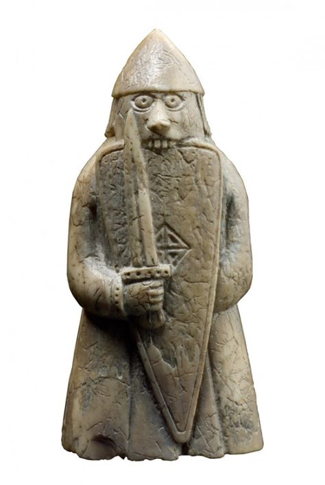 Lewis chessman berserker bites his shield -  this is the accepted notion of the berserker,  who brought himself to fever pitch before a battle and afterwards was left shaking like a leaf (a bit like your heavy metal rock stars of the 1970s) Viking Berserker, Medieval Chess, Viking Culture, Old Norse, Viking History, Viking Art, Norse Vikings, Celtic Art, Viking Age