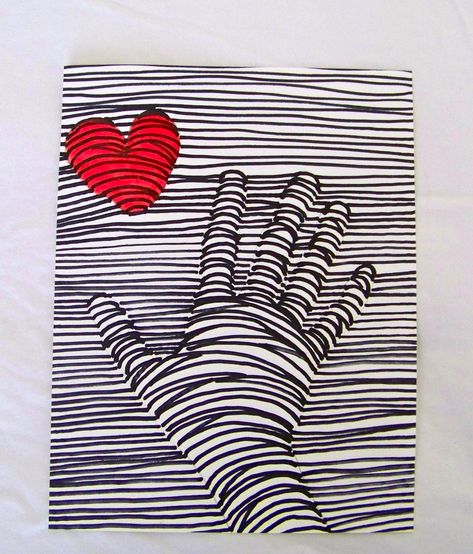 Lineas                                                                                                                                                                                 Más 3d Hand, Valentines Art, Homeschool Art, Middle School Art, Art Classroom, Elementary Art, Art Club, Childrens Art, Heart Art