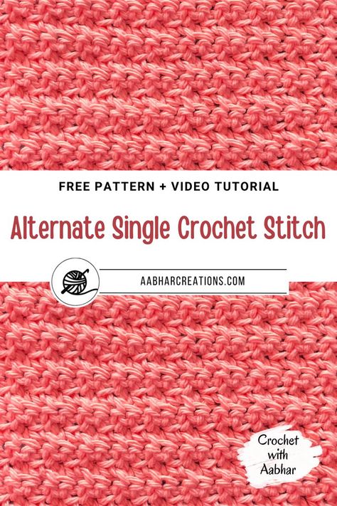 Alternate Single Crochet Stitch - Free printable Crochet Stitch Chart and pattern from aabharcreations Crochet Stitch Pattern, V Stitch Crochet, 100 Crochet Stitches, Crochet Washcloth Pattern, Crochet Throw Pattern, Decorative Stitches, Craft Crochet, Crochet Stitches For Blankets, Crochet Stitches Free