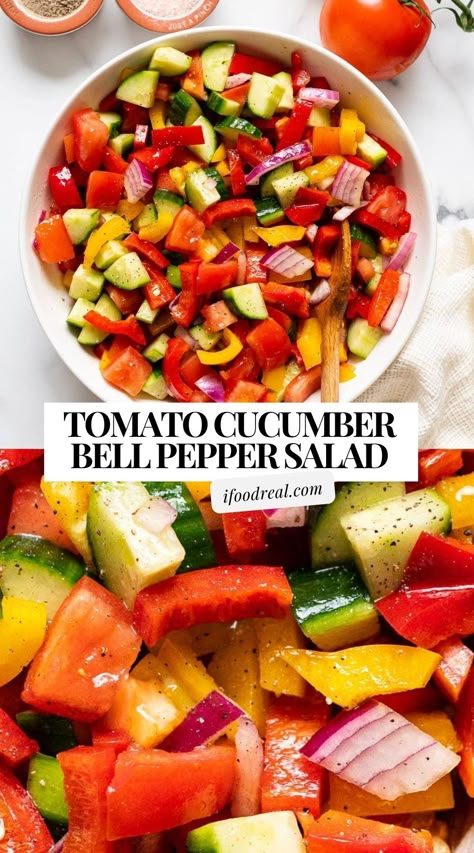 Tomato Cucumber Bell Pepper Salad is flavorful and ready in 10 minutes. Tossed in a simple olive oil dressing, it’s a delicious way to showcase summer’s finest veggies. Cucumber Onion Pepper Salad, Pepper Cucumber Tomato Salad, Cucumber Bell Pepper Salad Recipes, Cucumber Bell Pepper Onion Salad, Peppers Salad Recipes, Recipe Using Bell Peppers, Easy Tomato Salad, Bell Pepper Pasta Salad, Tomato Pepper Salad