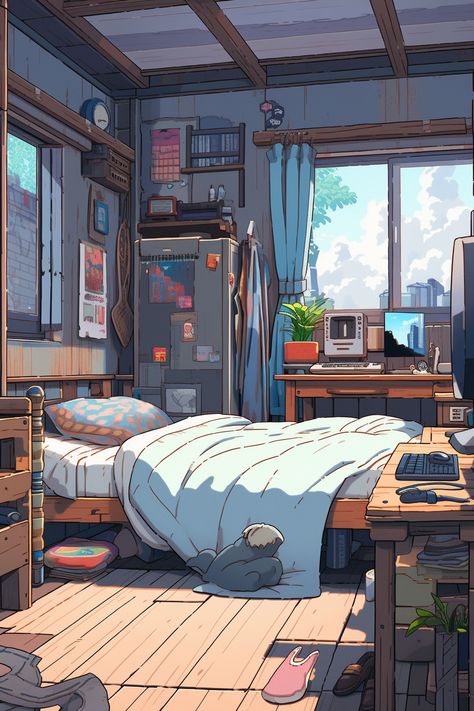 Digital Art Bedroom, Home Anime Aesthetic, Anime Apartment Aesthetic, Bedroom Design Drawing, Anime Bedroom Wallpaper, Animated Room, Anime Interior, Anime Bedroom Art, Anime Apartment