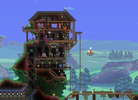 Learned to build houses by browsing this subreddit! Here is my first attempt at a house on a hill! Terraria Hill House, Terraria Sky House, Terraria Hallow House, Terraria Hallowed House, Terraria Fishing House, Terrarium Base, Terraria House Ideas, Terraria House Design, Terraria