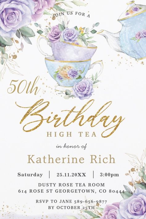 Elegant 50th Birthday Tea Party Invitations High Tea Birthday Party, Party Ideas For Birthday, Tea Party Birthday Ideas, Birthday Party Ideas For Women, Fun Birthday Party Ideas, Party Ideas For Women, Tea Party Birthday Party, Afternoon Tea Ideas, 60th Birthday Party Invitations