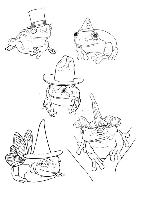 Frogs with hats Frogs With Hats Tattoo, Mini Frog Tattoo Simple, Dumpy Frog Tattoo, Frog In Hat Drawing, Standing Frog Tattoo, Frog In Cowboy Boots, Party Frog Tattoo, Two Frogs Tattoo, Frog With Flower Hat Tattoo