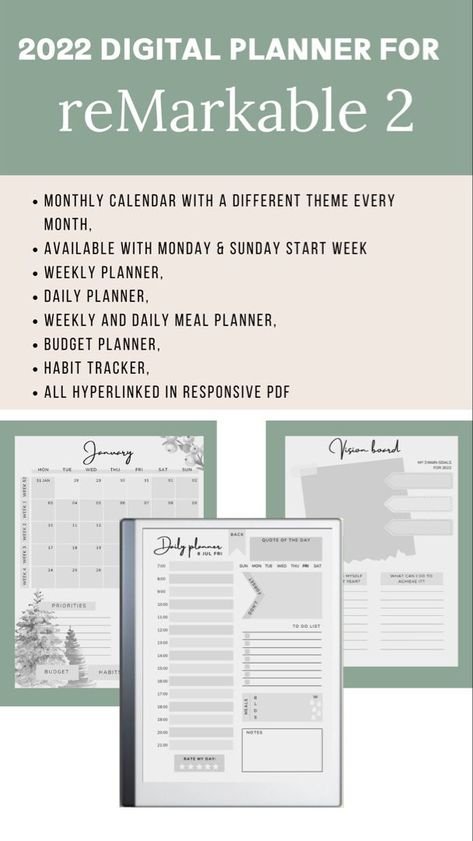 Remarkable 2 Digital Planner Organiser 2022 Template Monthly | Etsy muslim_planner #ismalicplanner #goodnotesplannerfree Remarkable Templates, Remarkable 2 Templates, Start Week, Planner Monthly Layout, Digital Planner Ideas, Daily Monthly Planner, Goals Tracker, Daily Meal Planner, Remarkable 2