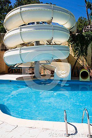 Swimming Pool With Water Slide. Something for the backyard?                                                                                                                                                     More Backyard Pool With Slide, Pool Clothes, Pool With Slide, Slide House, Pool Organization, Swimming Pool Slides, Pool Water Slide, Pool Makeover, Pool Stuff