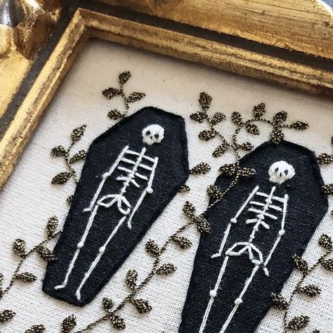 ℂℝ𝕀𝕄𝕊𝕆ℕ ℙ𝕀ℕ𝕊 on Instagram: "—SOLD— Triple the skeletons, thrice the bones. This piece part of the Nov 30th update. See previous post for details. ⚰️⚰️⚰️" Embroider Skeletons, Graveyard Embroidery, Easy Small Embroidery, Skeleton Embroidery Simple, Bones Embroidery, Goth Embroidery Clothes, Skeleton Embroidery Pattern, Goth Embroidery Patterns, Spooky Embroidery Patterns