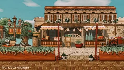 Acnh Townhouse, Acnh Vintage Town, Acnh Faux Building, Animal Crossing Door Code, Acnh Fake Building Ideas, Town Acnh, Acnh Apartment Building, Acnh Small Town Ideas, Acnh Harbor