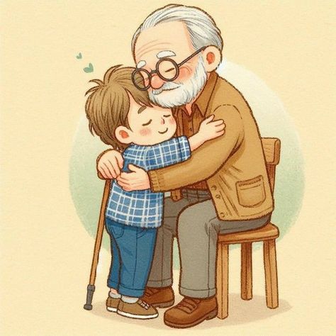 Grandfather With Grandson, Hugging Photos, Hugging Drawing, Parents Images, Grand Parents, Painted Illustration, Father Images, Sketches Pencil, Background Simple