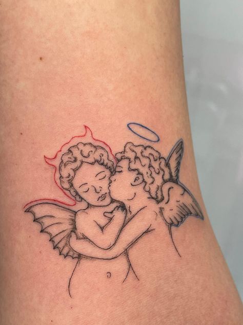 Simple Angel Tattoos, Angle Tattoo, Cupid Tattoo, Half Sleeve Tattoos Forearm, Cherub Tattoo, Floral Thigh Tattoos, Devil Tattoo, Wicked Tattoos, Hip Tattoos Women