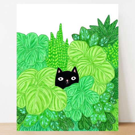 Houseplant Art, Mural Inspiration, Black Cat Painting, Maximalist Art, Illustration Kunst, Plants Art, نباتات منزلية, Cat Plants, Black Cat Print