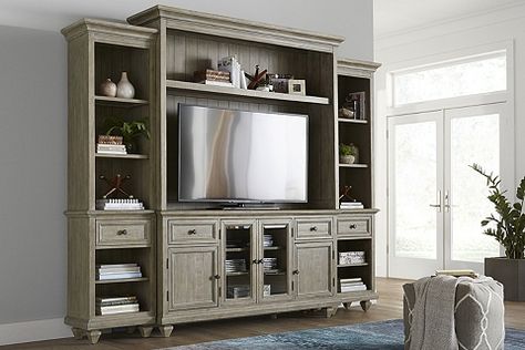 Wood Entertainment Center, Entertainment Wall, Wood Furniture Diy, Furniture Care, Solid Wood Furniture, Furniture Companies, Glass Shelves, Cottage Decor, Entertainment Center