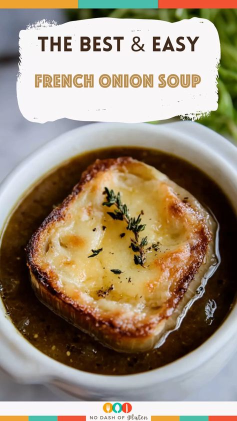 Warm up with this French Onion Soup recipe! Caramelized onions, savory broth, and gooey Gruyère-topped baguette slices make it unforgettable. Perfect for cozy nights or impressing guests. Save this for your next comforting meal! Quick French Onion Soup Recipe, Traditional French Onion Soup Recipe, Homemade French Onion Soup Mix Recipe, Quick French Onion Soup, Easy Onion Soup, French Onion Soup Stove Top, Outback French Onion Soup Recipe, Basalmic Vinegar, Easy French Onion Soup