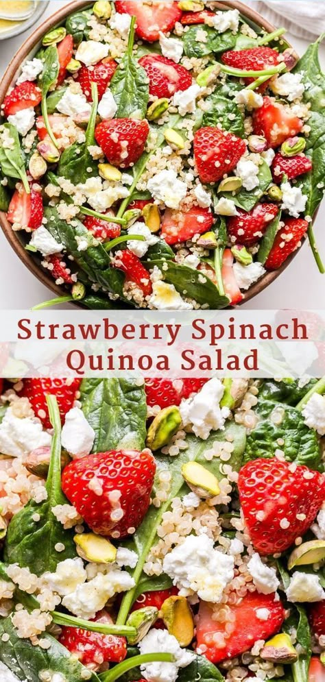 This Strawberry Spinach Quinoa Salad is a delicious and healthy salad to make this spring and summer! Loaded with quinoa, goat cheese, strawberries, spinach and pistachios, then tossed in a lemon vinaigrette. #salad #spinachsalad #strawberries #quinoasalad #sidedish #spring #summer #vegetarianrecipes #healthyrecipes #dinner #glutenfree Spinach Quinoa Salad, Quinoa Spinach Salad, Quinoa Salads, Salad Quinoa, Quinoa Spinach, Strawberry Spinach, Quinoa Salad Recipes, Lemon Vinaigrette, Noodle Salad