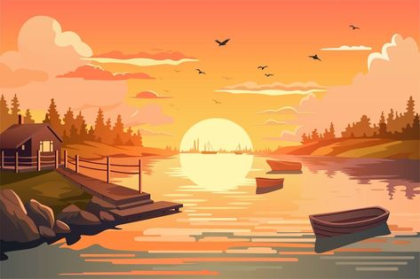 Background Sunset and River River Animation, Sunset Clipart, Background Sunset, Sunset Illustration, River Sunset, River Side, Sunset Background, App Ui, Visual Design