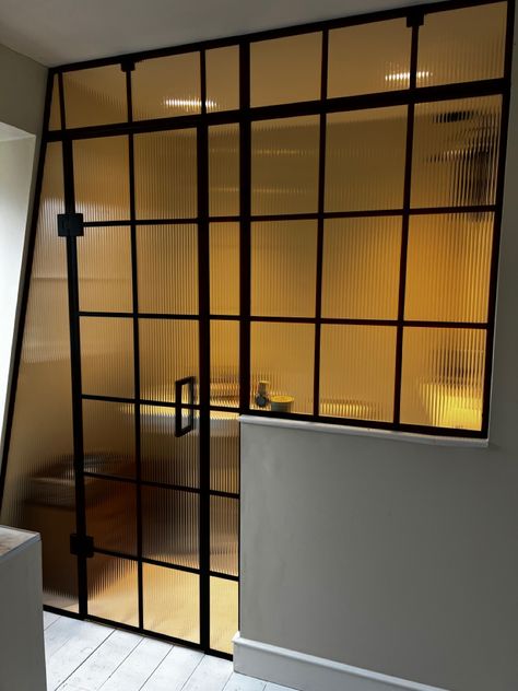 KpGlass offer Custom Made Crittall Style Shower Enclosures across London Crittall Bathroom, Reeded Glass Partition, Pocket Doors Bathroom, Amsterdam Interior, Walking On Glass, Crittal Doors, Glass Office Partitions, Roof Skylight, Glass Room Divider