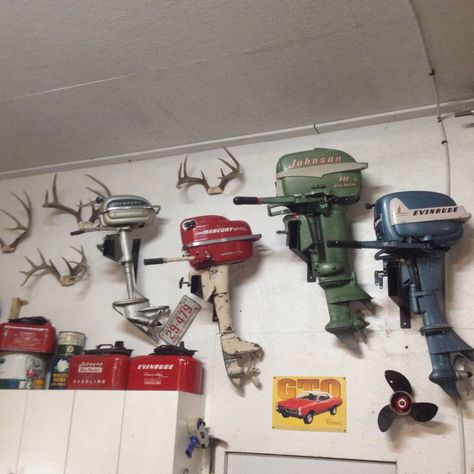 My collection of old outboard motors Grilling Art, Hunting Cabin Decor, Boat Bar, Outboard Boat Motors, Classic Wooden Boats, Outboard Boats, Car Part Furniture, Game Room Basement, Fast Boats