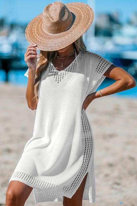 White Cut-Out Knit Cover-Up Dress Latest One Piece, Affordable Swimwear, Beach Cover Ups, Beachwear Fashion, Make Memories, Cover Up Dress, Have Fun, Jumpsuits For Women, Fashion Brand