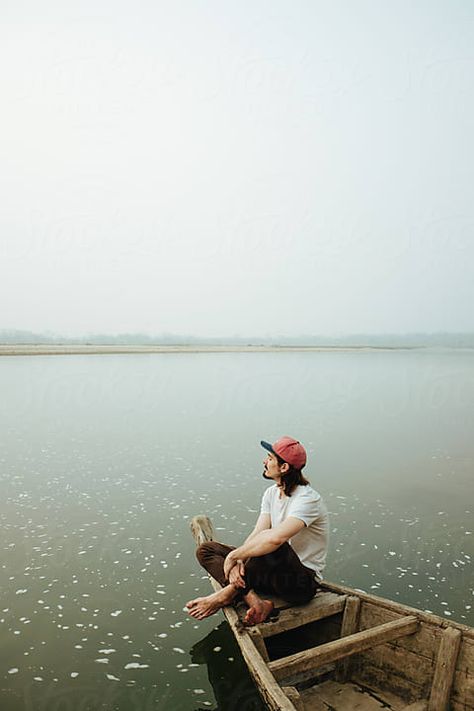 Sitting On Boat Poses, Boat Poses Photo Ideas Men, Person On Boat Reference, River Photoshoot Ideas Men, Fishing Boat Photoshoot, Boat Photoshoot, Boat Photography, Boat Illustration, Creative Advertising Photography