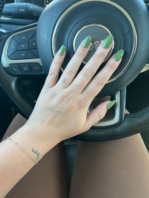 Almond shape acrylic nails. Color is DND 324 Safari. Green Acrylic Nails Almond Shape, Green Almond Dip Nails, Green Almond Shaped Acrylic Nails, Almond Shape Nails Sage Green, Save Green Almond Nails, Almond Shape Nails, Green Nails, Almond, Acrylic Nails