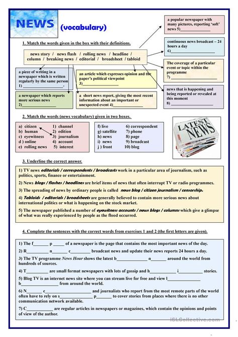 NEWS (vocabulary) - English ESL Worksheets for distance learning and physical classrooms News Vocabulary, Vocabulary Exercises, English Education, Physics Notes, Esl Vocabulary, New Vocabulary Words, English Resources, Different Exercises, English Reading