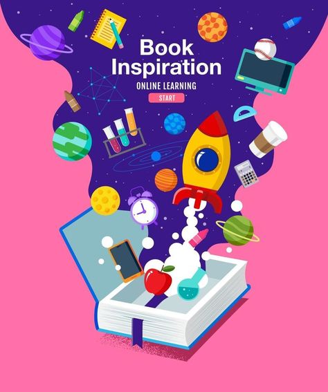 Book Inspiration, ideas coming out of books and into space, vector illustration. Poster Ads Design Ideas, Wwf Poster, Book Ads, Book Swap, Design Motivation, Book Advertising, Space Vector, Space Books, Kids Library