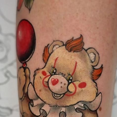 Tattoo Snob on Instagram: "Pennywise Care Bear tattoo by @charlotteannharris at @sixthreetattoostudio in Colchester, Essex." Care Bear Tattoos For Women, Pink Care Bear Tattoo, Evil Care Bear Tattoo, Care Bear Tattoo, Creepy Teddy Bear Tattoo, Horror Care Bear Tattoo, Goth Care Bear Tattoo, Pennywise Tattoo, Care Bear Tattoos