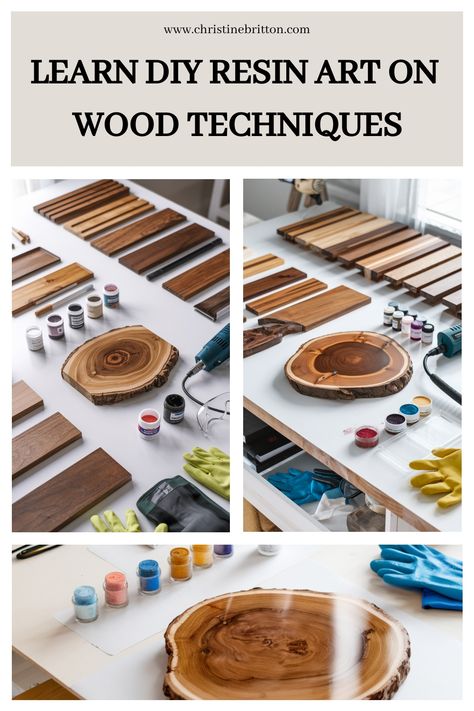 Learn DIY resin art on wood with various supplies and tools displayed. Diy Resin Art For Beginners, Wood Epoxy Projects, Wood Art Ideas, Resin Art On Wood, Resin In Wood, Wood Techniques, Resin Wood Art, Wood Art Projects, Art On Wood