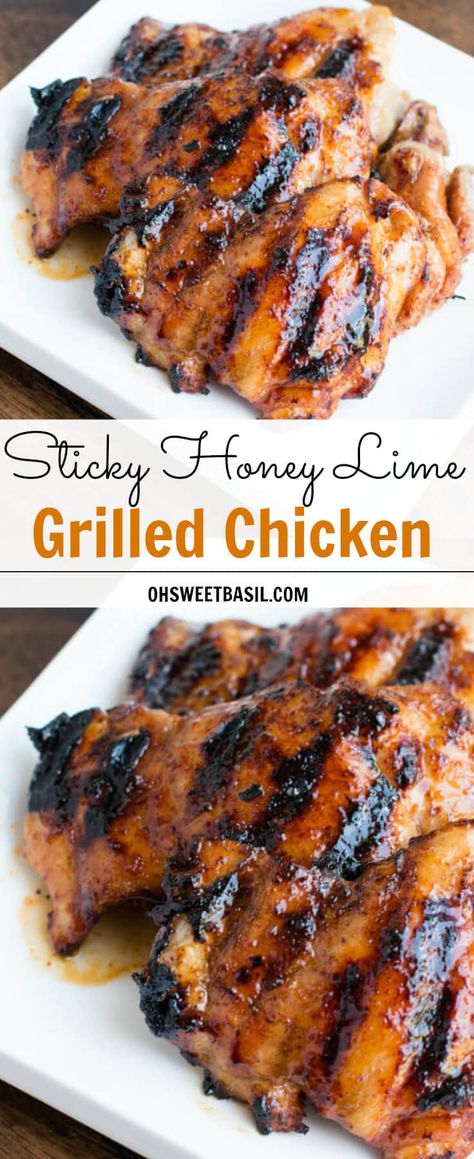 Sticky Honey Lime Chicken on the grill! It's flavorful, juicy and takes just 15 minutes! The whole family will be asking for seconds. Sticky Honey Lime Chicken, Honey Lime Chicken Thighs, Chicken Bits, Lime Grilled Chicken, Best Grilled Chicken, Lime Chicken Recipes, Honey Lime Chicken, Oh Sweet Basil, Bbq Pork Ribs