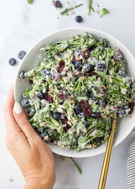 Loaded with juicy blueberries, crunchy broccolini, nutty sunflower seeds and more, this Superfood Salad is a healthy side dish you'll want to make a million times and then some. It's tossed with a light and tangy yogurt dressing to tie it all together! Broccolini Salad Recipe, Broccolini Salad, Filling Salad Recipes, Maple Glazed Salmon, Easy Potato Salad, Superfood Salad, Yogurt Dressing, Easy Salmon Recipes, Salad With Sweet Potato