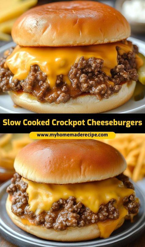 These slow-cooked crockpot cheeseburgers are the best cheeseburgers for a juicy and easy meal. Cooked low and slow, they’re the ultimate crockpot cheeseburgers for a quick and delicious dinner Crock Pot Sandwich Recipes, Crock Pot Sandwiches, Easy Slow Cooker Dinner, Ground Beef Crockpot Recipes, Slow Cooker Ground Beef, Burger Recipes Beef, Slow Cooker Dinner Recipes, Slow Cooker Recipes Beef, Burger Toppings