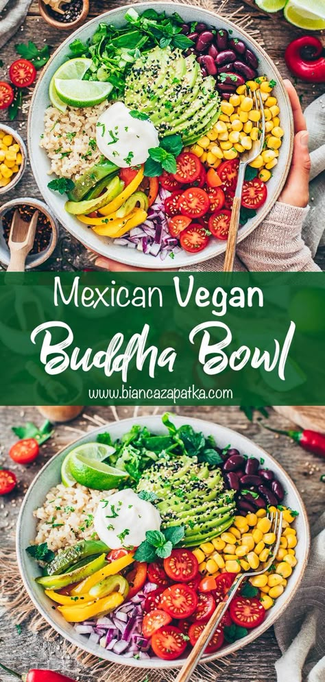 This Mexican Buddha Bowl recipe combines all the flavors of your favorite vegan burrito in just one quick and easy to make Tex-Mex veggie rice bowl. It’s healthy, protein-rich, super versatile and makes a great plant-based lunch or dinner meal that’s gluten-free, too! #burrito #buddhabowl #burritobowl #taco #tacobowl #veganburrito #texmex ##veganrecipes #vegetarian #recipes #food #vegan #rice #beans #healthyfood | biancazapatka.com Mex Bowl Recipes, Burrito Bowl Vegan, Mexican Buddha Bowl, Taco Rice Bowl, Veggie Burrito Bowl, Vegan Burrito Bowl, Asian Stir Fry Recipe, Veggie Rice Bowl, Buddha Bowl Recipe