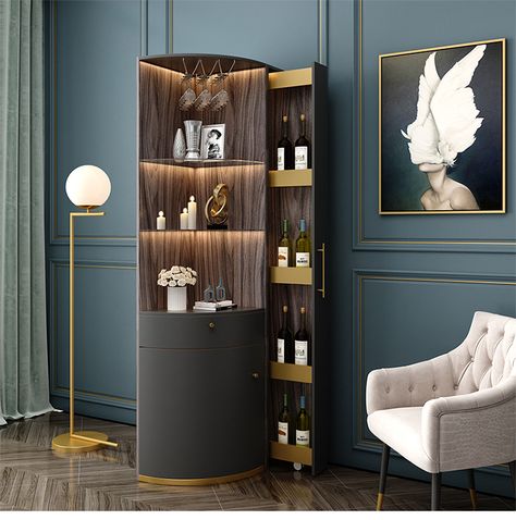 Corner Bar Ideas For Home, Bar Unit For Home, Wine Display Cabinet, Corner Bar Ideas, Bar Cabinet Furniture, Wine Cabinet Design, Living Room Bar Cabinet, Corner Bar Cabinet, Furniture Led