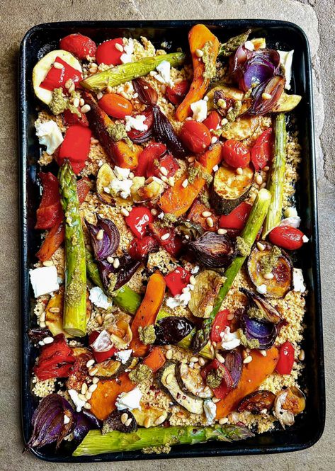 Balsamic Roasted Vegetable, Couscous & Pesto Traybake - Ainsley Harriott Halloumi Vegetable Bake, Roasted Veggie Couscous, Harissa Chicken Traybake, Tomato Basil Couscous, Crunchy Stuffing, Roast Vegetable Couscous, Baked Scalloped Potatoes, Roasted Vegetable Couscous, Broccoli Gratin