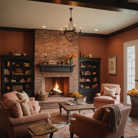 ⚠️LINK IN BIO⚠️ A cozy traditional family room with a brick fireplace, classic armchairs, and a warm color palette for a welcoming and comfortable space. #FamilyRoom #Traditional #BrickFireplace #ClassicArmchairs #WarmColors Family Room With Red Brick Fireplace, Red Fireplace Living Room, Living Room Red Brick Fireplace, Brick Fireplace Living Room, Traditional Brick Fireplace, Warm And Cozy Living Room Designs, Fireplace Colors, Living Room With Brick Fireplace, Fireplace Classic