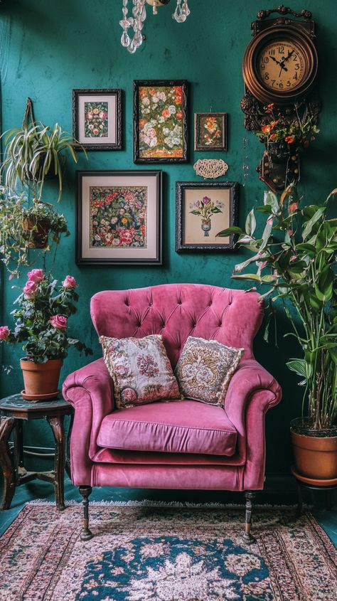 Maximalist living room featuring a pink velvet armchair, teal walls, vintage frames, plants, and cozy soft lighting. Emerald Green And Pink Living Room, Teal And Pink Living Room, Cozy Maximalist Living Room, Modern Boho Chic Living Room, Teal Walls Living Room, Maximalist Decor Small Spaces, Boho Mid Century Modern Living Room, Inviting Home Decor, Pink Couch Living Room