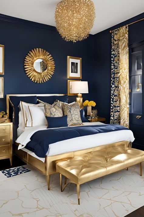 Navy And Gold Bedroom Decor, Navy Blue And Gold Bedroom, Bedroom Ideas Gold, Navy And Gold Bedroom, Navy Gold Bedroom, Classic Bedroom Ideas, Blue And Gold Bedroom Ideas, Bedroom Wall Colour Combination, Golden Bedroom