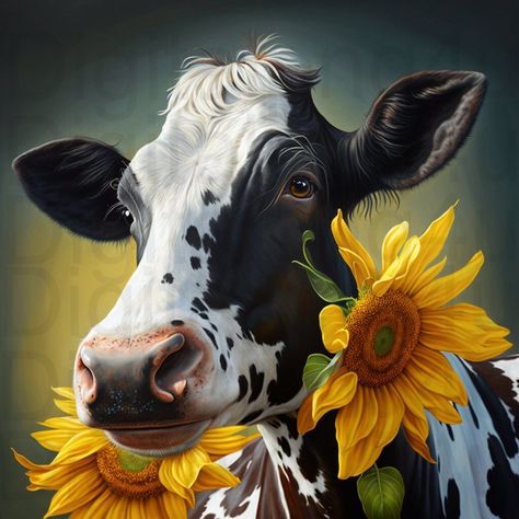 Cows With Sunflowers, Cow With Sunflowers, Farmhouse Western, Sunflower Watercolor Painting, Cow Artwork, Cow Drawing, Fall Farm, Cow Clipart, Fluffy Cows