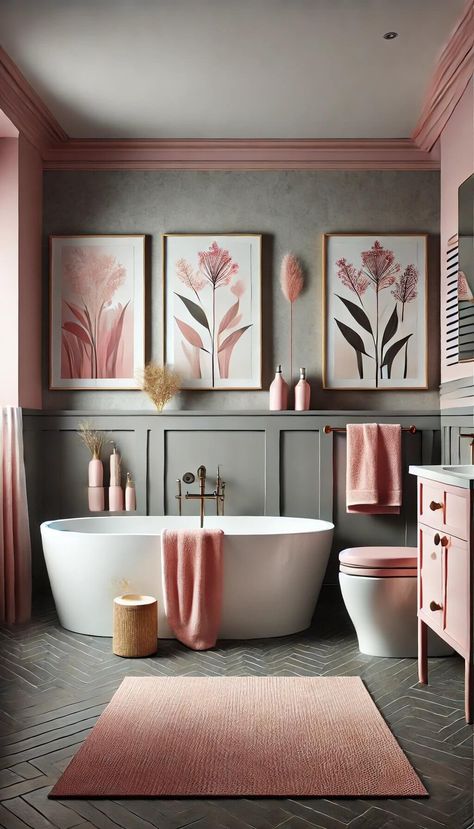 15+ Stylish Pink and Grey Bathroom Ideas for a Perfect Makeover 42 Pink Grey Bathroom Ideas, Gray Pink Bathroom, Pink Half Bathroom Ideas, Grey White Pink Bathroom, Half Bathroom Ideas Pink, Light Pink Master Bath, Bathroom Ideas Colour, Pink Bathroom Ideas Decor, Pink Grey Bathroom