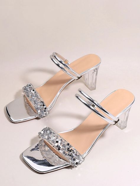 Rhinestone Decor Chunky Heeled Sandals | SHEIN USA Silver Shoes Low Heel, Silver Sandals Heels, Winter Neutrals, Sandals Shein, Trending Heels, Trending Womens Shoes, Clear Shoes, Wedding Shoes Bride, Fashion Shoes Flats